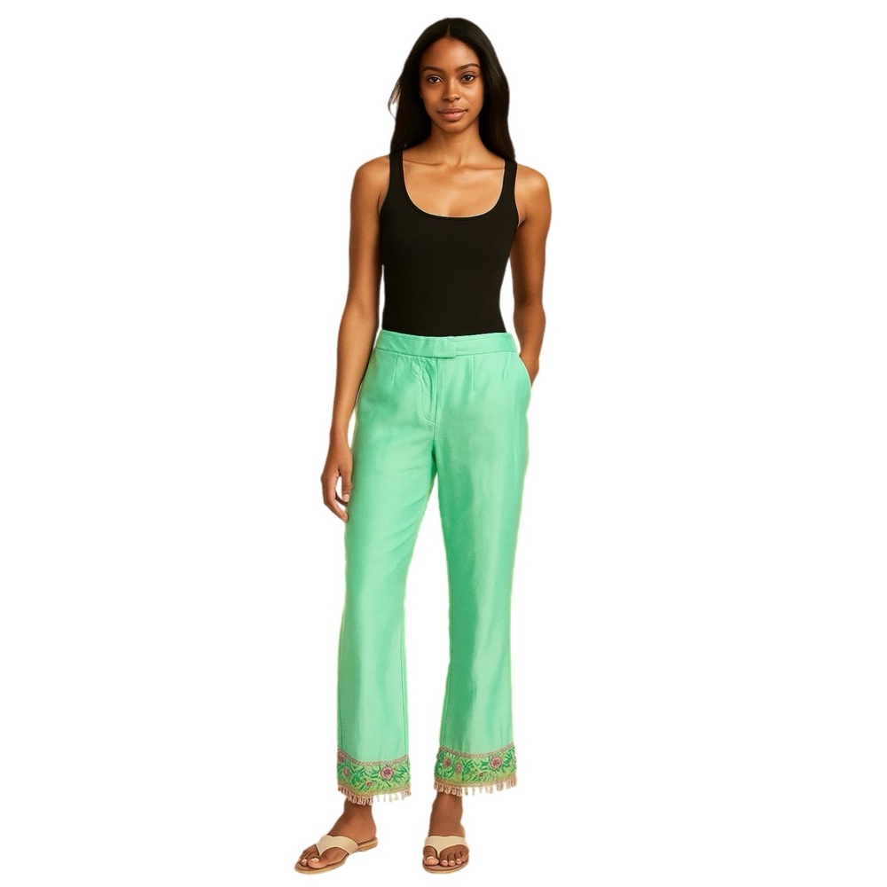 ESCADA Light Sea Foam Green Silk Pants, Purple Beaded Accent Trousers RARE